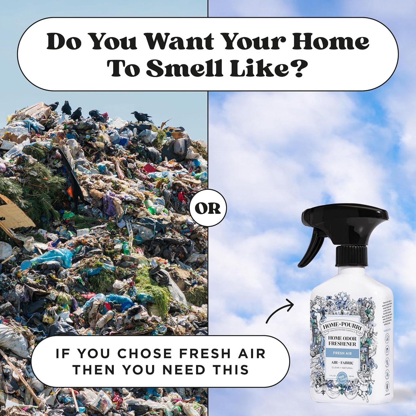 Home-Pourri Air + Fabric Multi-Purpose Odor Freshener Spray, 11 Fl Oz, Up to 570 Uses, Fresh Air Scent, Room Deodorizer with Essential Oils, for Carpets, Couches, Bedding & Curtains
