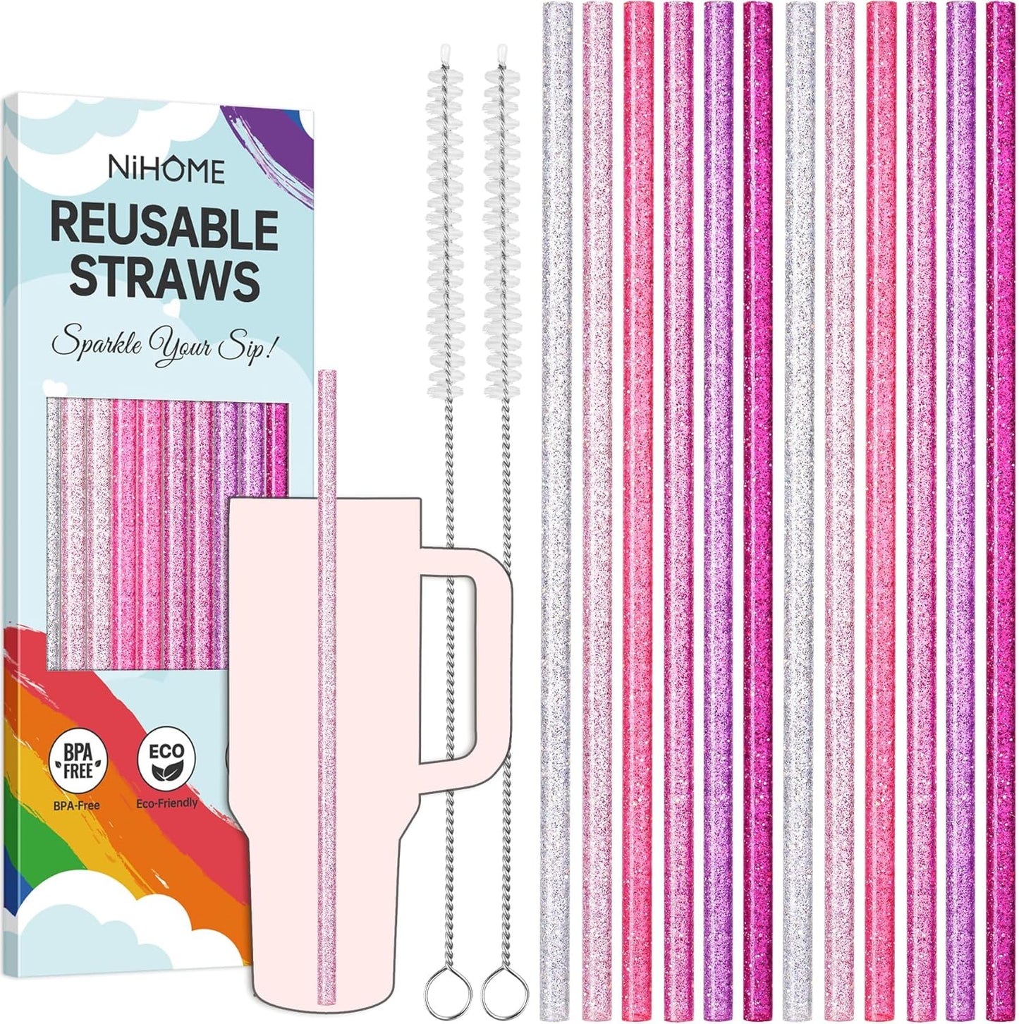 NiHome 12-Pack Glitter Replacement Straws for Stanley Tumbler 40OZ & 2 Cleaning Brushes Set, 12" Length BPA-Free Durable PETG Material for Various Beverages & Cups, Adds Sparkle to Your Drinks (Clear)