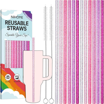NiHome 12-Pack Glitter Replacement Straws for Stanley Tumbler 40OZ & 2 Cleaning Brushes Set, 12" Length BPA-Free Durable PETG Material for Various Beverages & Cups, Adds Sparkle to Your Drinks (Clear)
