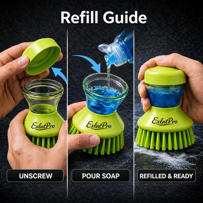 ExlntPro-Dish Brush with Soap Dispenser, Kitchen Scrub Brush with Holder & Drain Tray, Refillable Soap Dispensing Dish Scrubber for Pots, Pans & Sink Cleaning