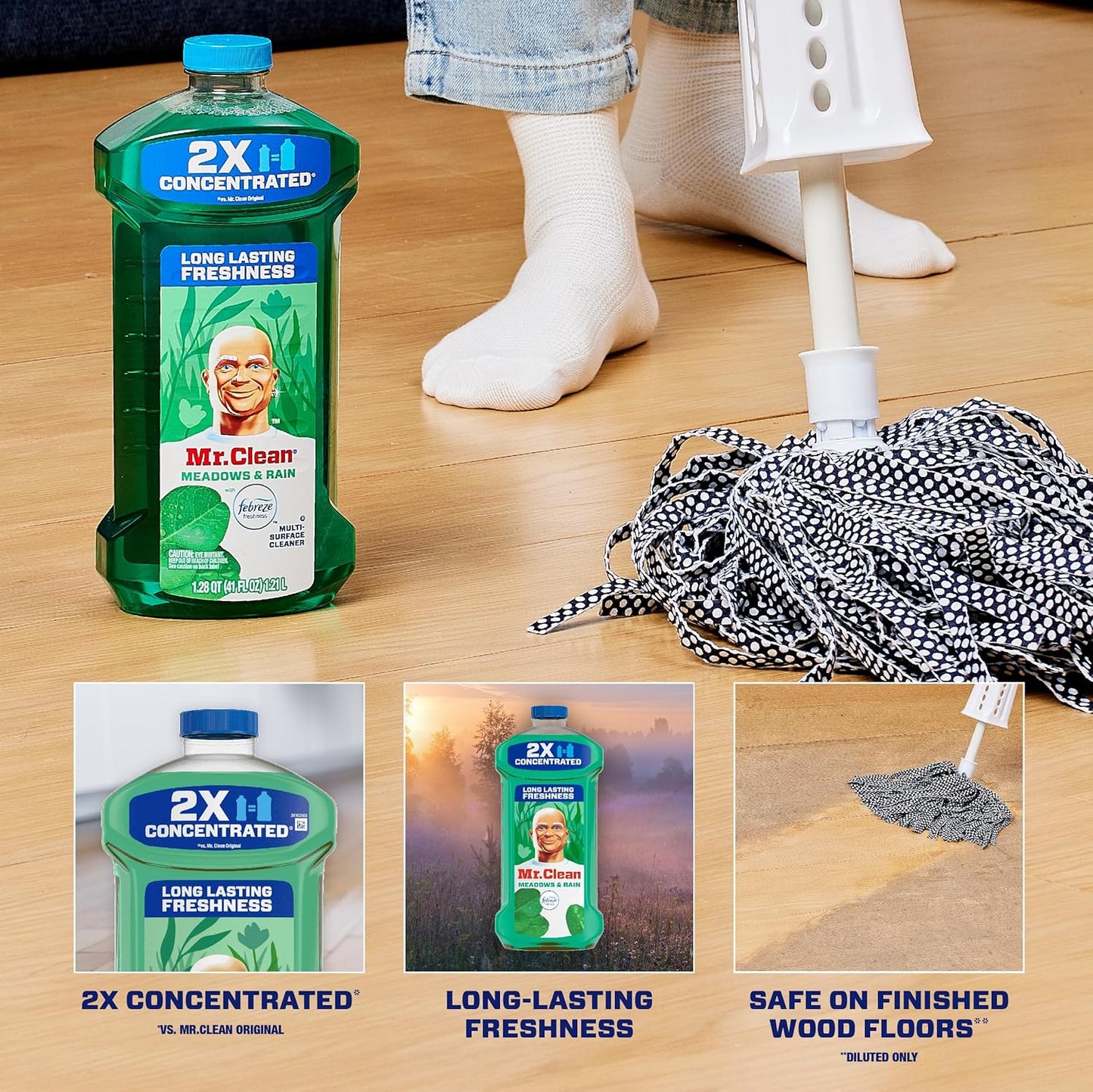Mr. Clean All Purpose Cleaner, Floor Cleaner for Mopping Home, Bathroom, & Kitchen, Cleaning Liquid for Mop & Bucket, Cleaning Supplies, Multi-Surface Dilutable, Meadows & Rain, 41oz