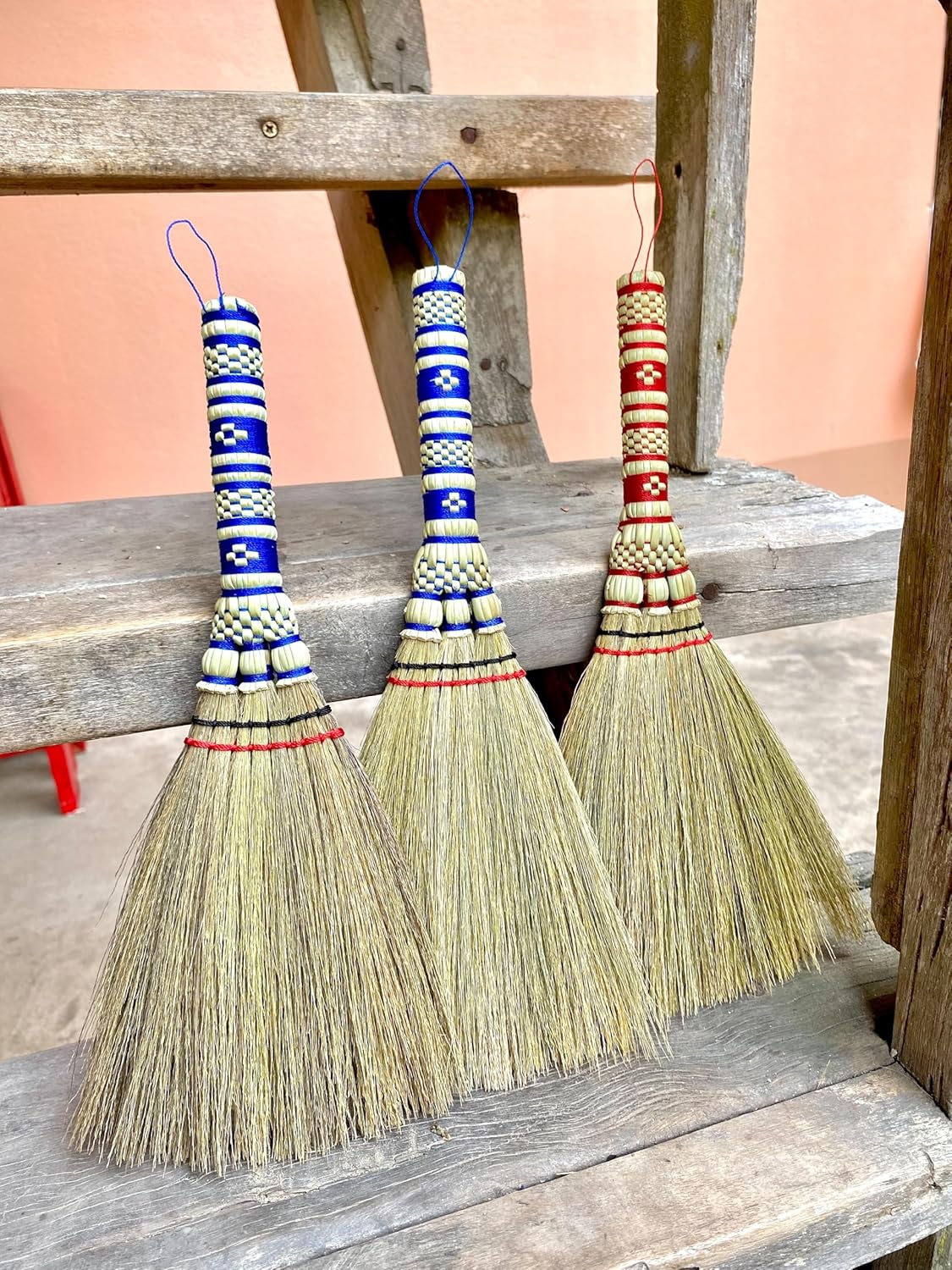 Small Corn Wisk Brush Broom 11 Inch Blue, Red Flagged Indoor Heavy Duty Multi Surface Hard & Soft Floor 100% Handmade(Blue), AW038-AW0038, length 11 Inch, wide 4.5 inch,