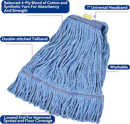 Matthew Cleaning Heavy Duty Mop Head Commercial Replacement for General and Floor Cleaning , Wet Industrial Blue Cotton Looped End String Head Refill (Pack of 6) Blue
