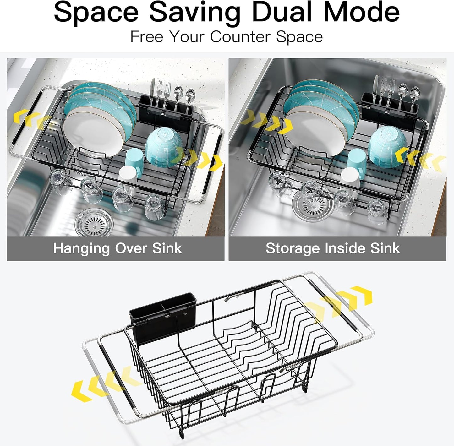 JASIWAY Dish Drying Rack in Sink, Expandable Stainless Steel Dish Drainers for Kitchen Counter, Dish Dryer Rack for Inside Sink, Over The Sink Dish Racks with Utensil Holder, Silver