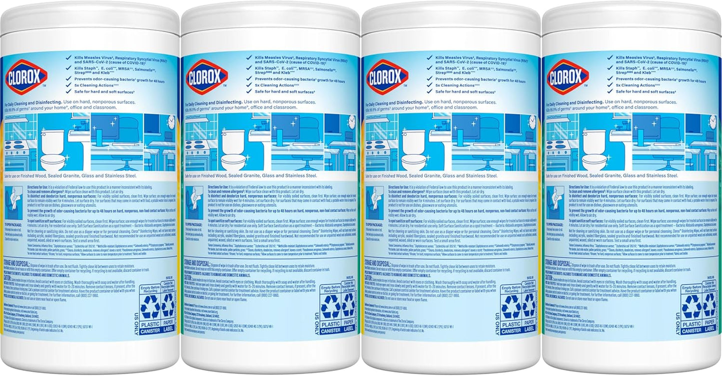 Clorox Disinfecting Cleaning Wipes for Spring Cleaning & Allergy Season, Bleach Free, Fresh Scent and Crisp Lemon, 75 Count Each, Pack of 4