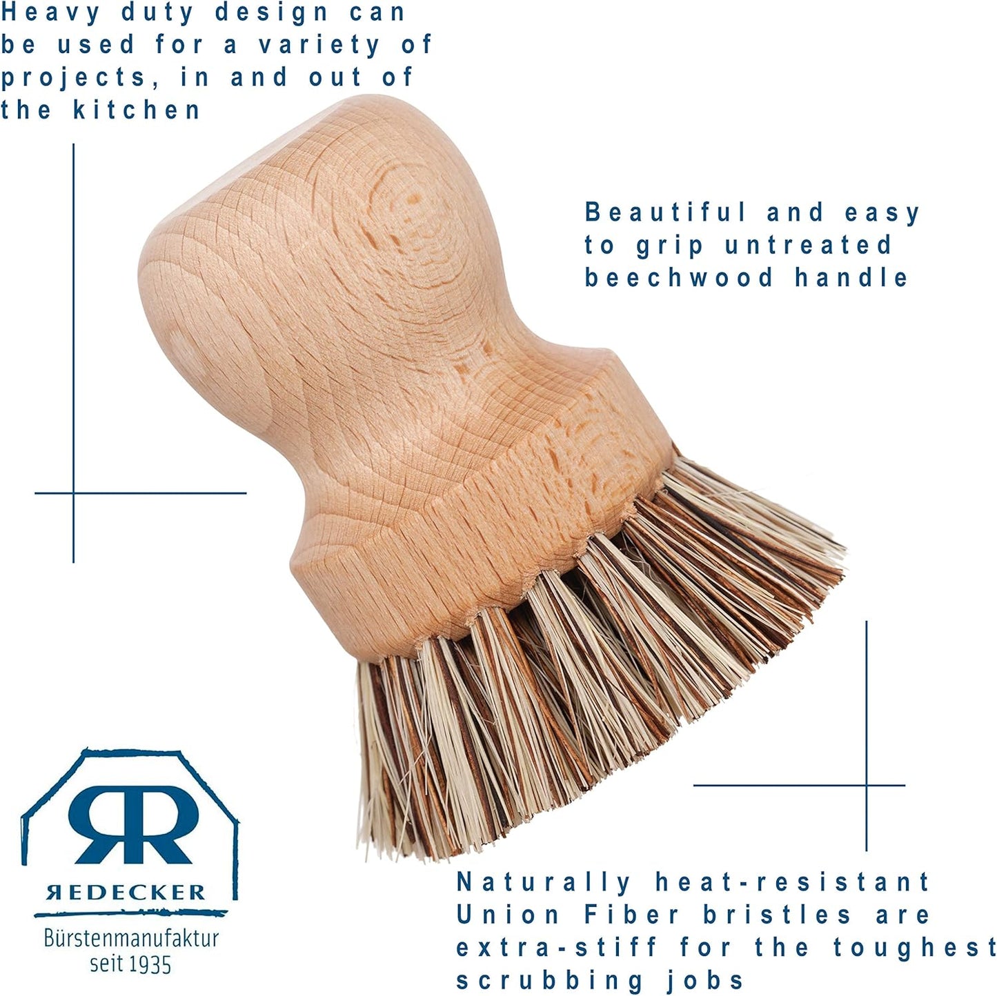 Redecker Pot Brush, Union Fibre, 2-Pack Heavy Duty Scrub Brushes for Pots, Cast Iron & Baked-On Residue, Beechwood, 2.6-Inch Round, Made in Germany