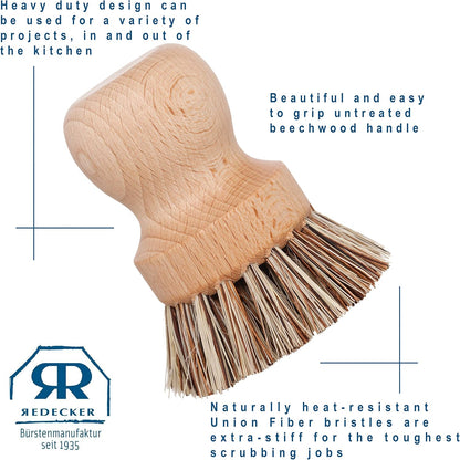 Redecker Pot Brush, Union Fibre, 2-Pack Heavy Duty Scrub Brushes for Pots, Cast Iron & Baked-On Residue, Beechwood, 2.6-Inch Round, Made in Germany