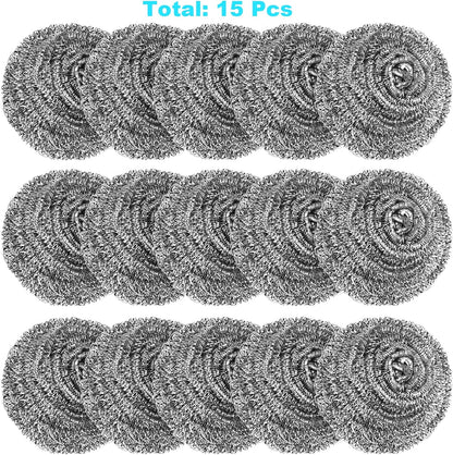 15 Pack Steel Wool Scrubber, Metal Kitchen Scrubbing Sponges, Dishwashing Scouring Pads Heavy Duty, Premium Stainless Steel Scrubbers for Cleaning Dishes Pots and Pans Bathroom Oven (Sliver) by VOPTON