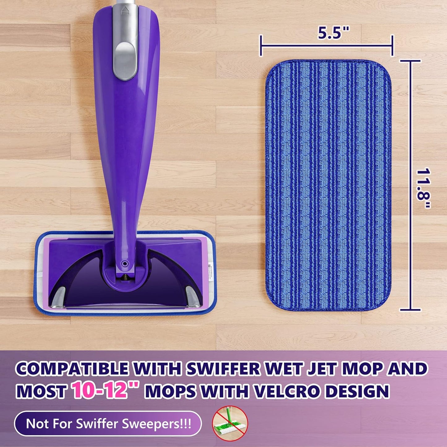 Reusable Mop Pads Compatible with Swiffer Wet Jet, Wet Jet Pads Refills for Swiffer Mop, 4 Pack Microfiber Replacement Pads for Hardwood Floor Cleaning, Dry Wet Mopping Cloths for 12" Wet Jet Refill