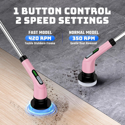 Electric Spin Scrubber for Bathroom: Shower Scrubber with Long Handle, Dual Speed Cordless Power Cleaning Scrub, 7 Brush Heads, IPX7 Waterproof Heavy Duty Cleaner Tools for Tub Tile Grout Wall