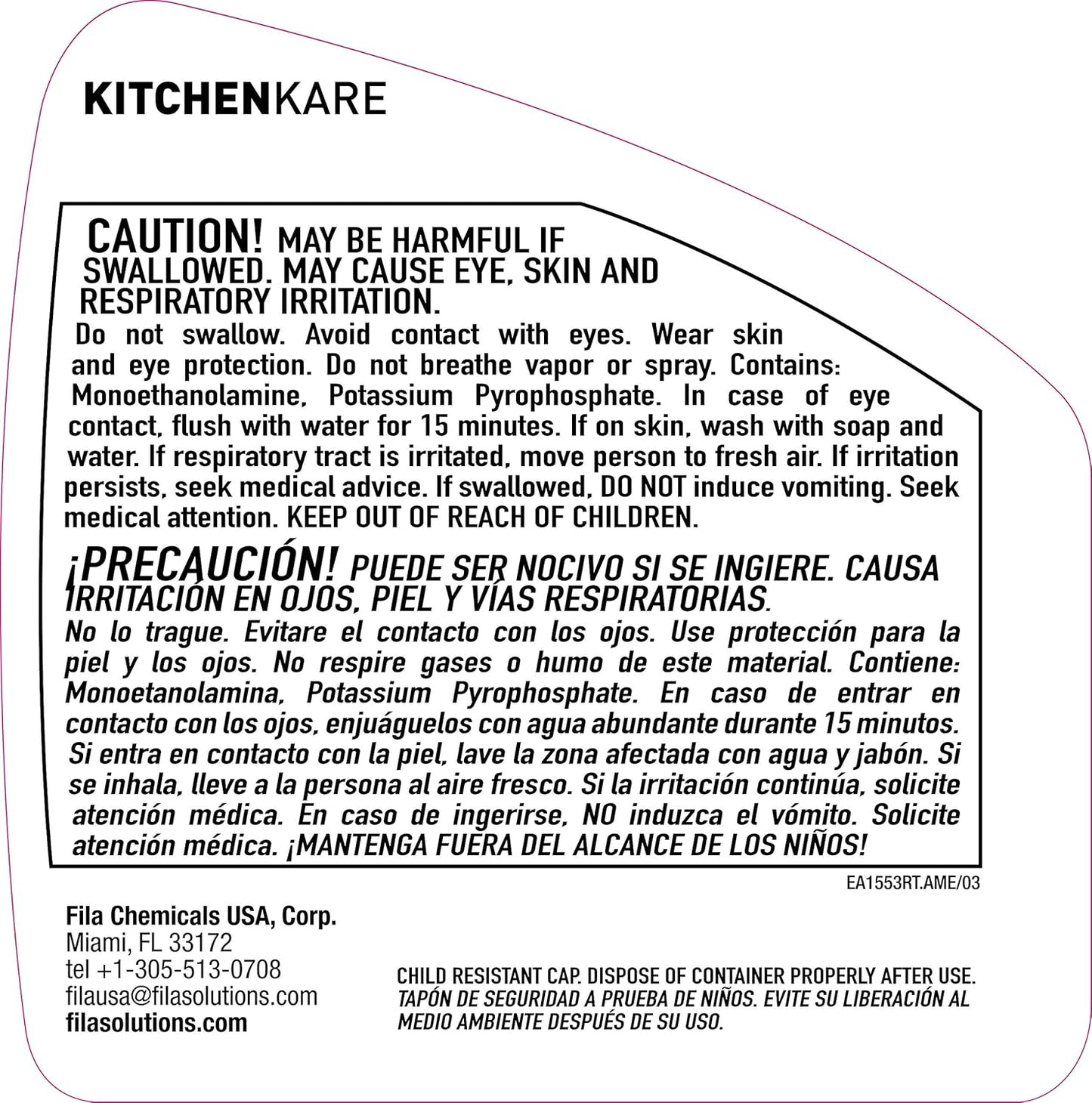 FILA Surface Care Solutions, KITCHENKARE, Heavy Duty Degreaser Cleaner for Kitchen, Grill, Oven, Fireplace; BBQ Cleaner Spray, Desengrasante de Cocina, Degreasing Detergent Bike Chain, 24OZ