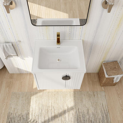 SSLine Modern 24-Inch Bathroom Vanity with Sink Wall Mounted Bathroom Vanity with Top Basin & Storage Cabinet White Wood Floating Vanity w/Ceramic Sink & Gold/Black Handles for Small Space