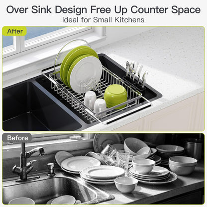 JASIWAY Dish Drying Rack in Sink, Expandable Stainless Steel Dish Drainers for Kitchen Counter, Dish Dryer Rack for Inside Sink, Over The Sink Dish Racks with Utensil Holder, Silver