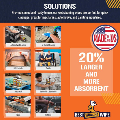 Heavy-Duty Disposable Industrial Work Cleaning Wipes Multi-Purpose, Cleans Paint, Oil, Grime, Grease, Shoes, Engines, Tools, Extra Large, 7” x 10”, 30 Wipes