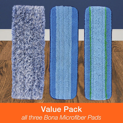 Bona Mop Microfiber Cleaning Pad for Hardwood & Hard Surface Floors - Value 3-Pack - For Use With Bona Mops - Dual Zone Cleaning