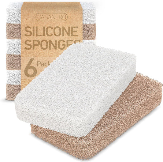 Casanero 6 Pack Silicone Dish Sponges, Heavy Duty Non Scratch Sponges for Dishwashing, Reusable Household Cleaning Sponges for Kitchen, Countertop, Bathroom, Non Stick Cookware or Car