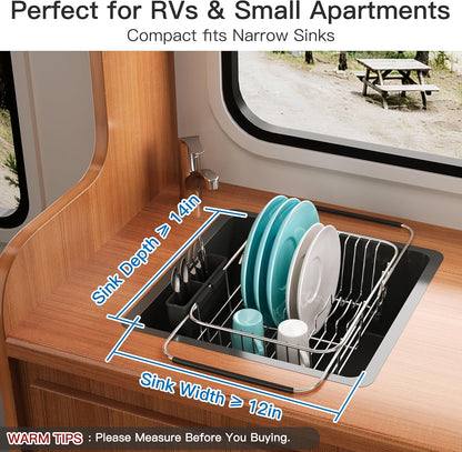 JASIWAY Dish Drying Rack in Sink, Expandable Stainless Steel Dish Drainers for Kitchen Counter, Dish Dryer Rack for Inside Sink, Over The Sink Dish Racks with Utensil Holder, Silver