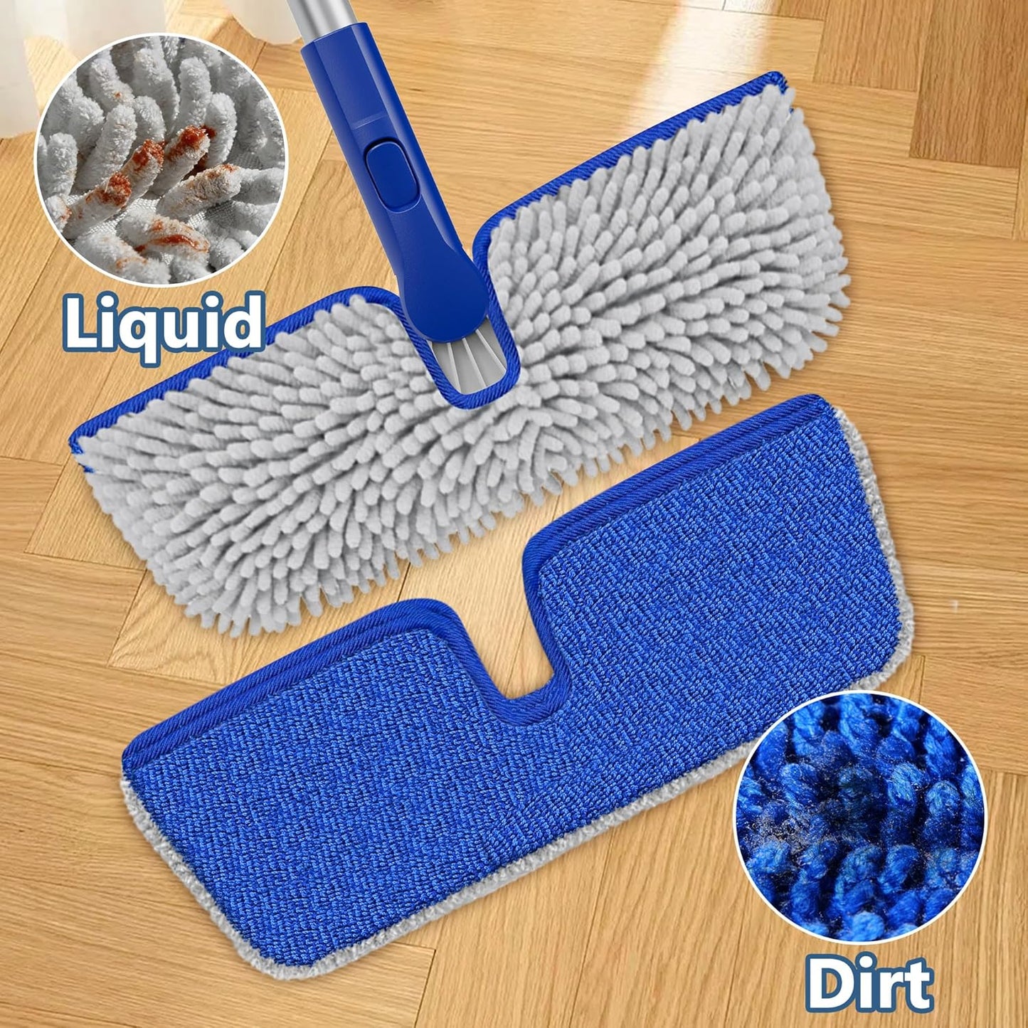 2-Sided Microfiber Dust Mop: Dry Flat Wall Mop for Hardwood Floors with 3 Reusable Pads Reversible Head for Apartment Kitchen Tile Laminate Pet Hair Cleaning