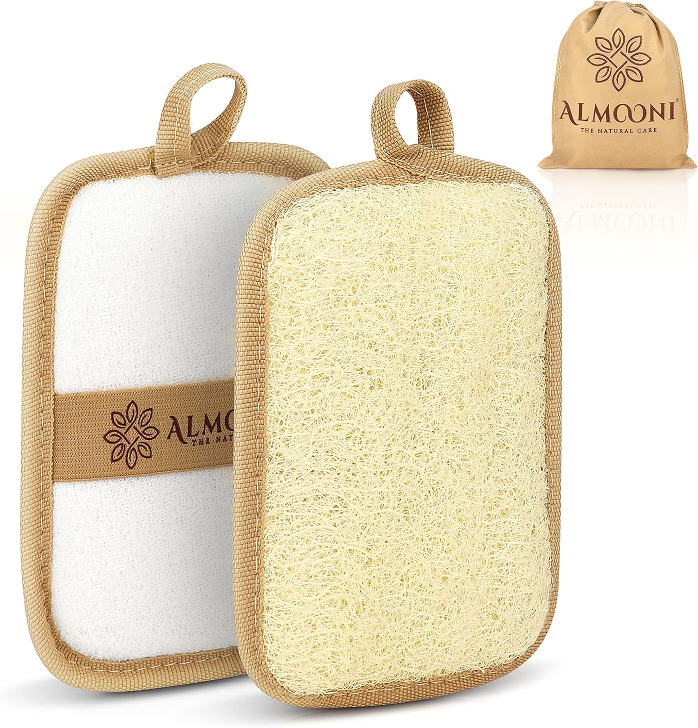 Almooni Natural Loofah Exfoliating Body Scrubber, Made with Natural Egyptian Shower Loofah Sponge, Bath Shower Loofah Sponge for Women and Men, for Face and Body That Gets You Clean - 2 Count (1 Pack)