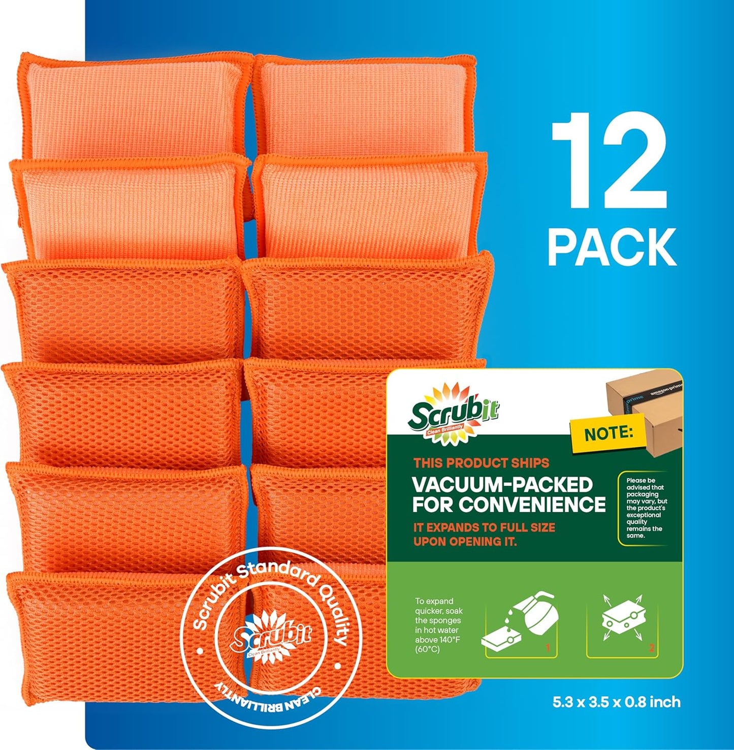 SCRUBIT Reusable Sponges for Dishes - 12 Pack Microfiber Sponges Kitchen Dish Scrubber, Machine Washable & Non-Scratch Scrubbers (Blue)