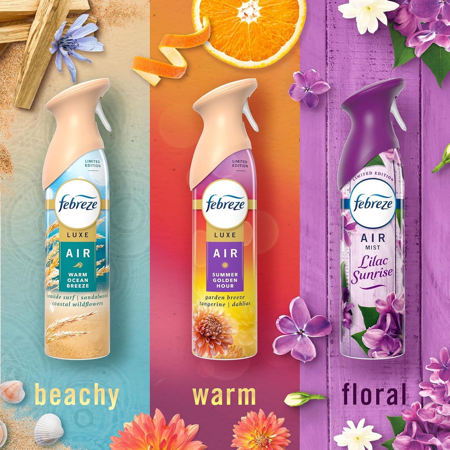 Febreze Air Mist, Air Freshener, Odor Fighting Room Spray, Deodorizer for Home Bathroom Kitchen Office Apartment, Lilac Sunrise, Warm Ocean Breeze, Summer Golden Hour Variety Pack, 8.1oz (Pack of 3)
