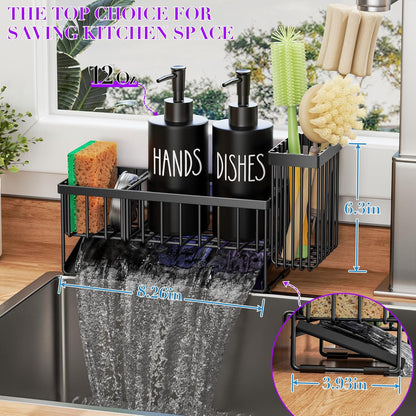 MASADI Kitchen Sink Caddy with Dish Soap Dispenser Set, 12OZ Glass Bottle, Hand and Dish Soap Dispenser Set, Non-Slip Silicone Pad, Brush Holder, Kitchen Sink Organizer Countertop (Black+Clear)