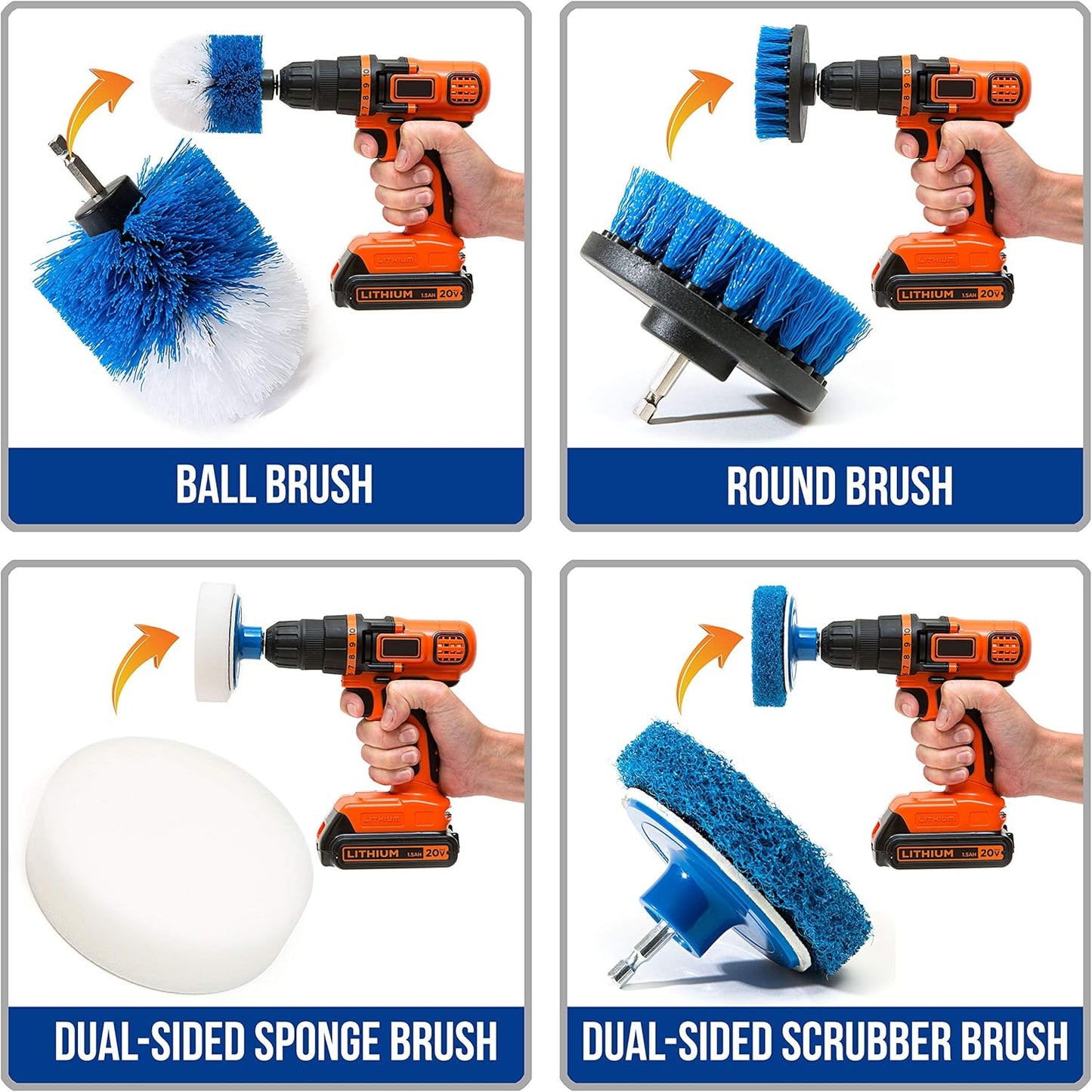 RevoClean 4 Piece Scrub Brush Power Drill Attachments-All Purpose Time Saving Kit-Perfect for Cleaning Grout, Tile, Counter, Shower, Grill, Floor, Kitchen, Blue & White