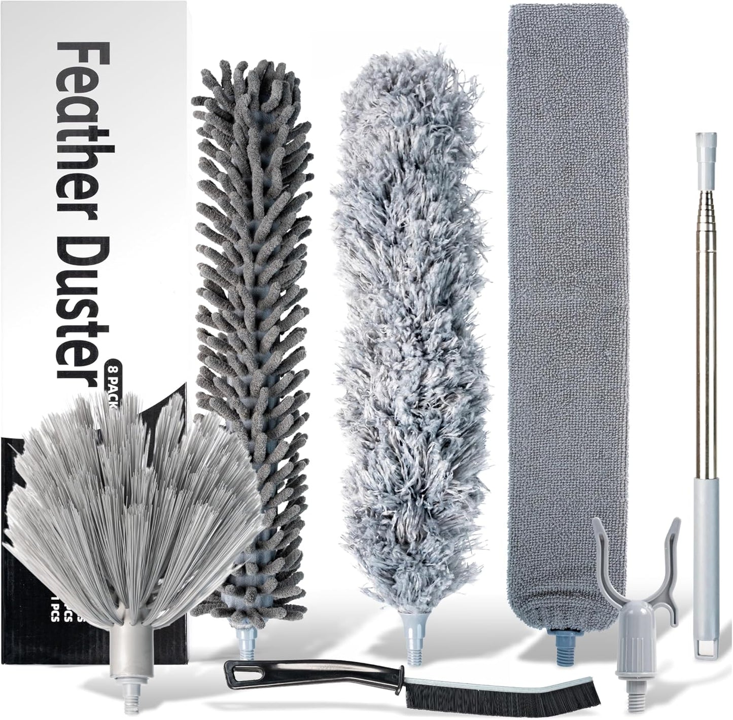 Microfiber Feather Duster with Extension Pole 100 Inches, (8 PCS), Cleaning Brush, Dusters for Cleaning High Ceilings, Cobwebs, Blinds, Cars, Reusable, Washable, Extendable, Ceiling Fan Cleaner Duster
