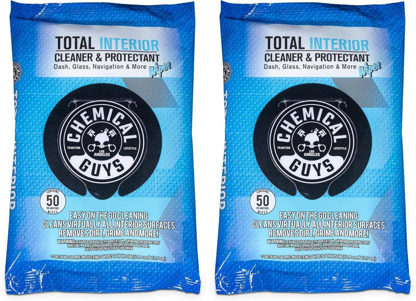 Chemical Guys Total Interior Cleaner & Protectant Wipes – 50 Pack Multi Surface Car Interior Cleaning Wipes for Dashboards, Doors and Seats – Safe for Trucks, SUVs, RVs and Home Use
