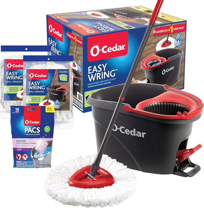 O-Cedar EasyWring Microfiber Spin Mop & Bucket Floor Cleaning System + 2 Extra Mop Head Replacements with Citrus and Lavender Pacs (Variety Pack)