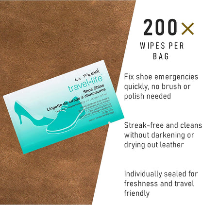 LA Fresh Travel Lite Pre-Moistened Shoe Shine Wipes Pack of 50 Individually Wrapped Streak-Free Cleaning Wipes Perfect For Use On Leather Convenient Size For On The Go