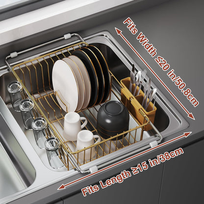 JASIWAY Dish Drying Rack in Sink, Expandable Stainless Steel Dish Drainers for Kitchen Counter, Dish Dryer Rack for Inside Sink, Over The Sink Dish Racks with Utensil Holder, Silver