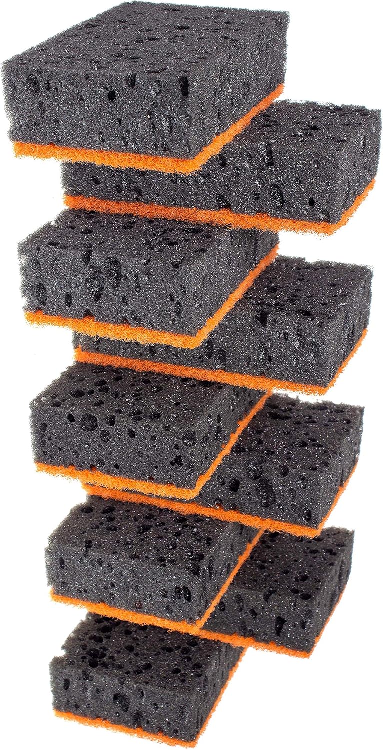 Green Multi Use Scrub Sponge. Made in Europe. 9 Pack, 4.3x2.8x1.4 inches. Odorless Heavy Duty and Non Scratch Fiber. Best, Durable, Delicate, Porous, Non Cellulose Kitchen Sponges and Scrubbers