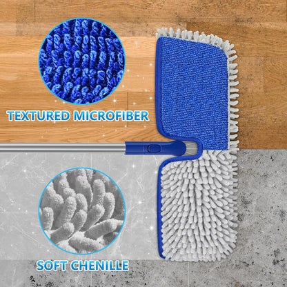 2-Sided Microfiber Dust Mop: Dry Flat Wall Mop for Hardwood Floors with 3 Reusable Pads Reversible Head for Apartment Kitchen Tile Laminate Pet Hair Cleaning