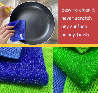 12-Pack Reusable, Scrub Dish Cloth –Non-Scratch Microfiber Scrubber, Planet-Friendly, Easy Rinsing, Quick Dry, Dishwasher Safe Cloth for Kitchen & Household, 6 x 6 Inch, Blue & Green Assorted