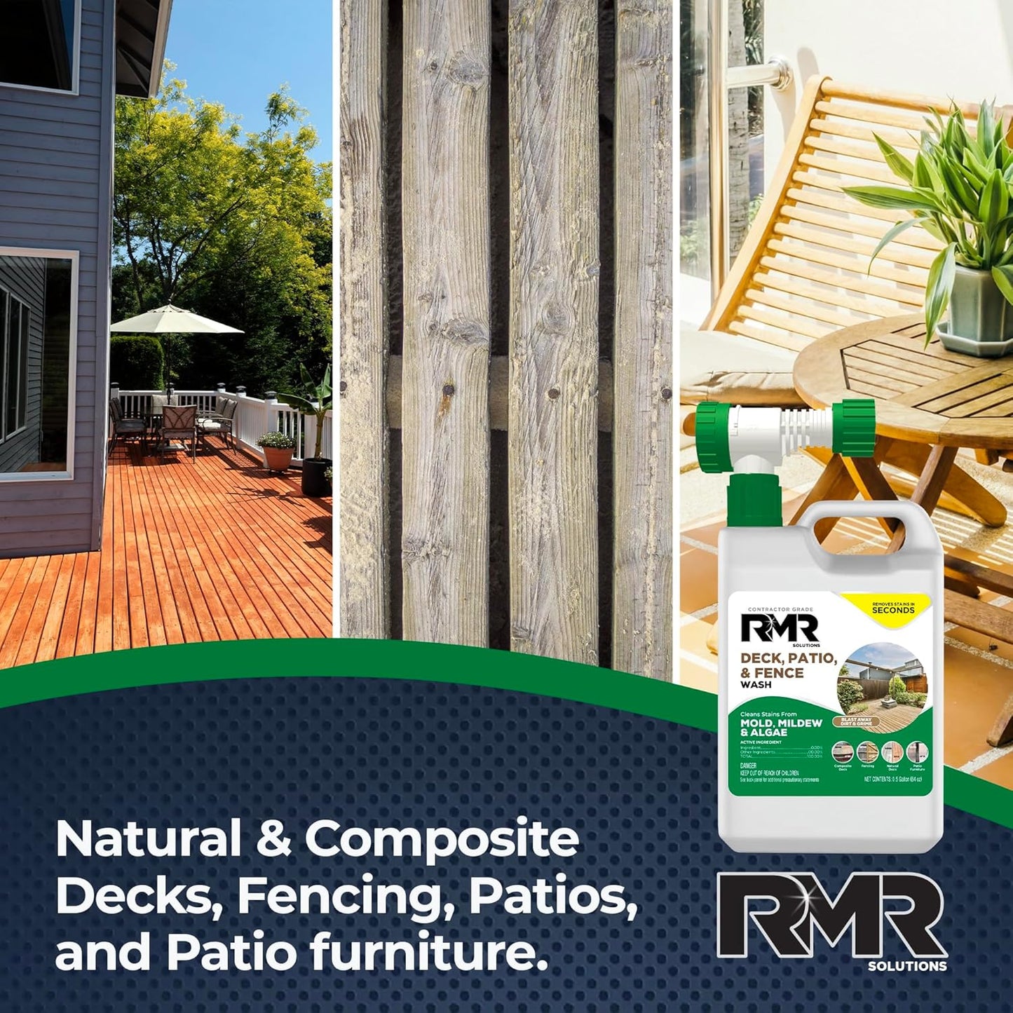 RMR Deck, Patio, & Fence Wash - Commercial-Grade Outdoor Stain Remover for Mold, Mildew, and Algae, 64 Ounce Bottle with Hose-End Adapter