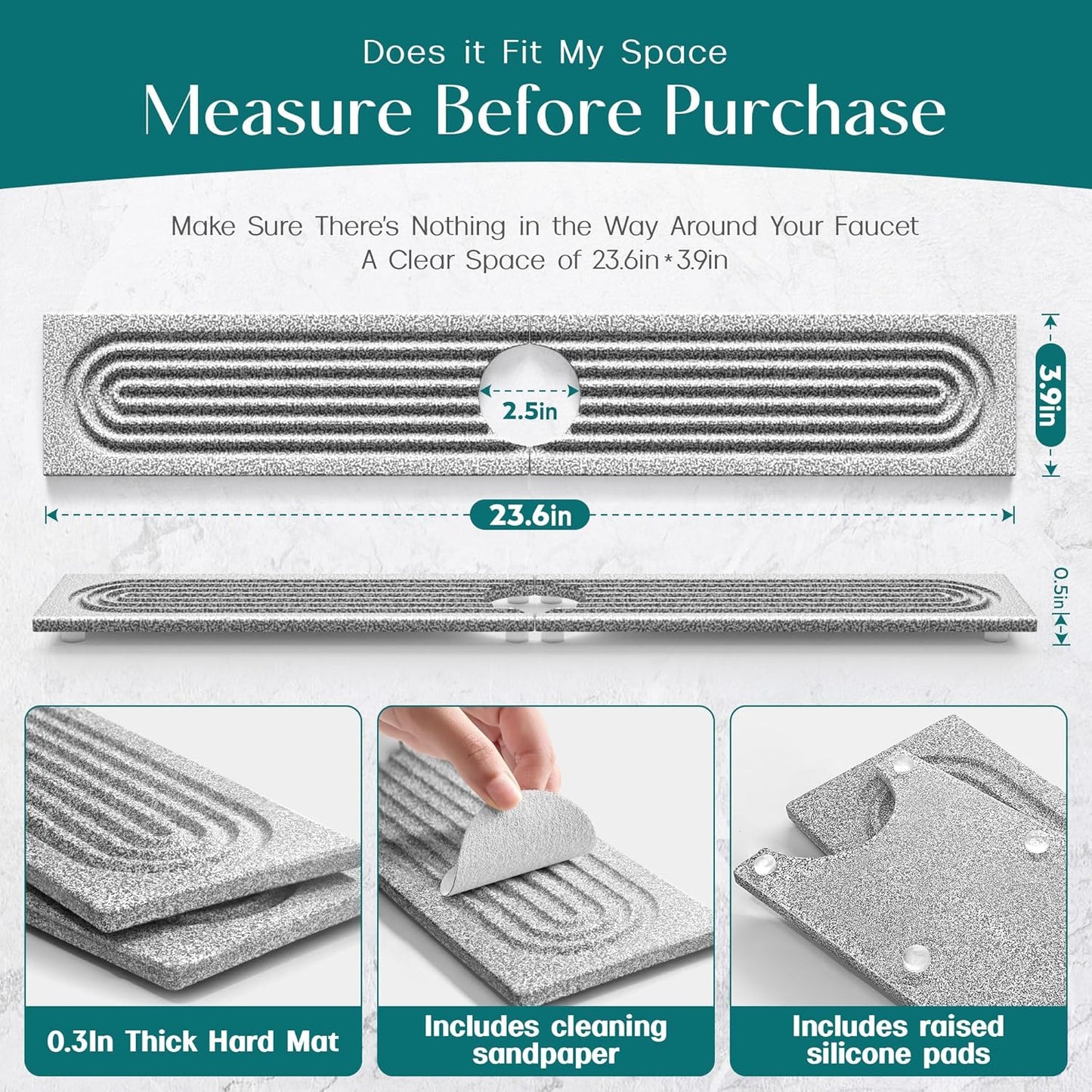 Eormoe Faucet Mat for Kitchen Sink – Diatomite Stone Drying Mat & Sink Protectors, Prevent Moisture – Sink Splash Guard Water-Absorbing Stone Tray for Bathroom Counter (Light Grey, 23.6" x 3.9")