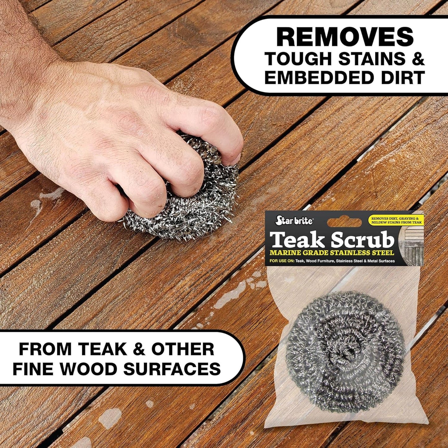 STAR BRITE Marine-Grade Stainless Steel Scrub Scouring Pad Scrubber - Refinish Wood Furniture & Boat Teak