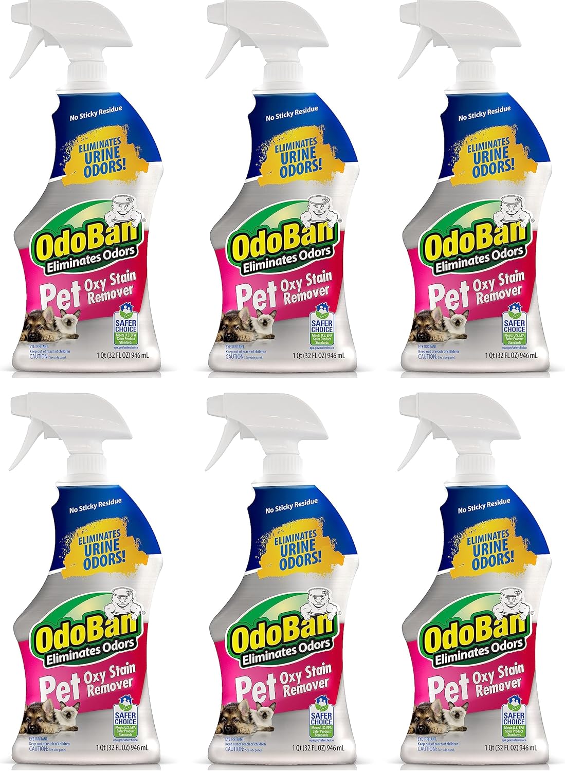 OdoBan Pet Solutions Oxy Stain Remover, Pet Stain Eliminator, Made in the USA, 6-Pack, 32 Ounce Spray Each