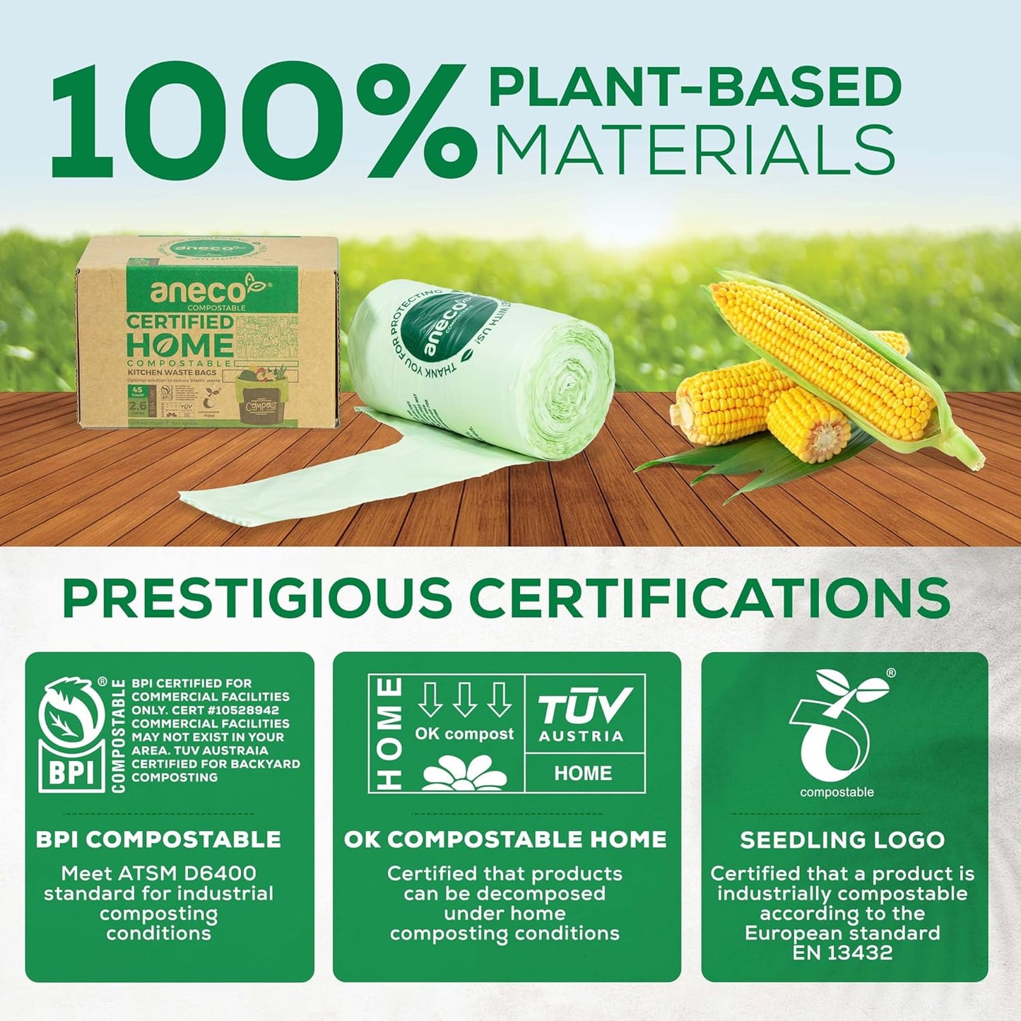 (Include 10 Bonus Bags) ANECO 100% Compostable Waste Bags 2.6 Gallon, Extra Thick Kitchen Small Compost Bags for Countertop Bin, 110 Count (100 + 10 Extra)
