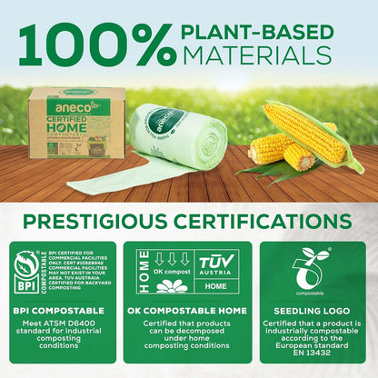 (Include 10 Bonus Bags) ANECO 100% Compostable Waste Bags 2.6 Gallon, Extra Thick Kitchen Small Compost Bags for Countertop Bin, 110 Count (100 + 10 Extra)