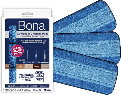 Bona Mop Microfiber Cleaning Pad for Hardwood & Hard Surface Floors - Value 3-Pack - For Use With Bona Mops - Dual Zone Cleaning