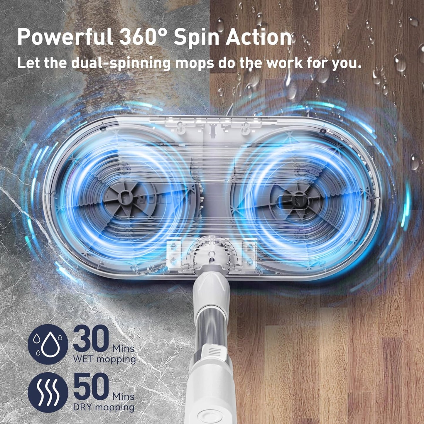 Cordless Electric Spin Mop, Electric Floor Cleaner with Water Sprayer & LED Headlight, 50mins Working Time, 290ml Water Tank, Adjustable Tube, Self-Propelled Multi-Surfaces Floor Mop for Home Cleaning