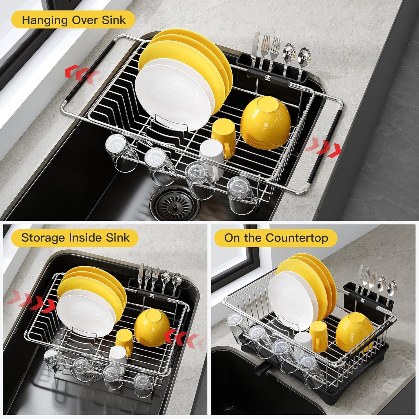 JASIWAY Dish Drying Rack in Sink, Expandable Stainless Steel Dish Drainers for Kitchen Counter, Dish Dryer Rack for Inside Sink, Over The Sink Dish Racks with Utensil Holder, Silver