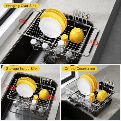 JASIWAY Dish Drying Rack in Sink, Expandable Stainless Steel Dish Drainers for Kitchen Counter, Dish Dryer Rack for Inside Sink, Over The Sink Dish Racks with Utensil Holder, Silver