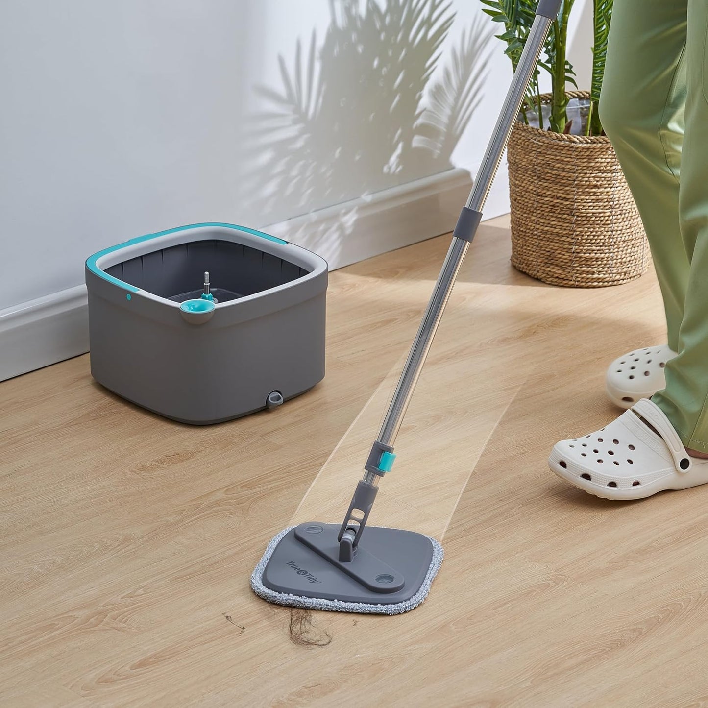 Spin Mop and Bucket with Separate Compartments for Clean and Dirty Water NEW 2025 Upgraded Version w/Side Brush and Self Standing Handle, Smart Square Mop w/ 2 Machine Washable Microfiber Pads, Rose