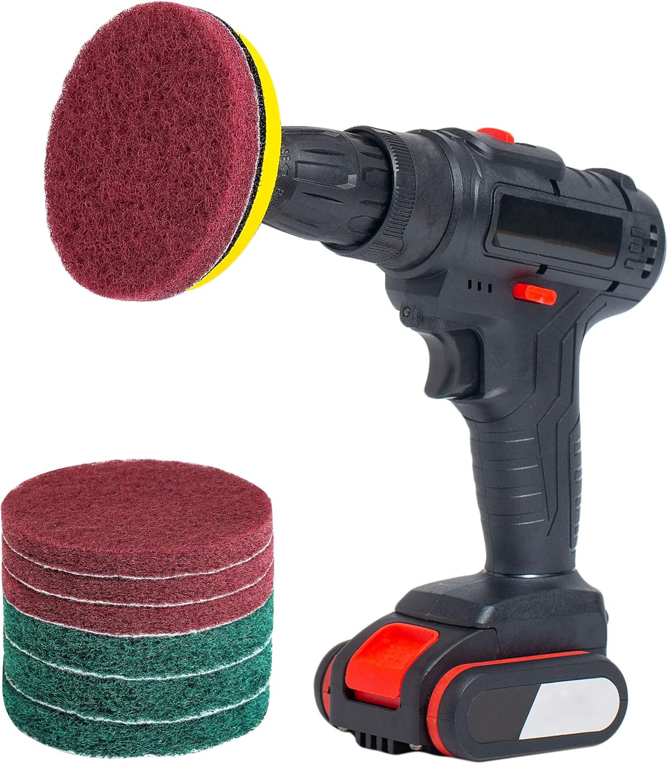 SCRUBIT Drill Brush Power Scouring Pads - Heavy Duty Tub and Tile Cleaner - Drill Scrubber Brush kit Includes Drill Attachment, 3 Red, 3 Stiff Green Scrubber Pads