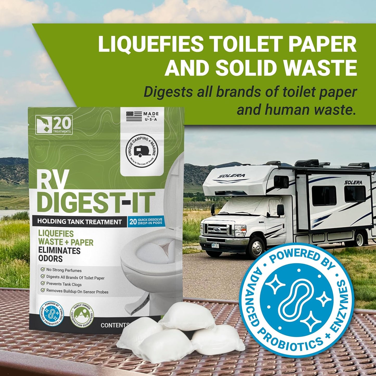 Unique RV Digest-It Plus RV Tank Treatment Pods – 16 Treatments, Breaks Down Waste & Toilet Paper + Eliminates Odors at Source, RV Black Tank Treatment