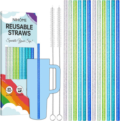 NiHome 12-Pack Glitter Replacement Straws for Stanley Tumbler 40OZ & 2 Cleaning Brushes Set, 12" Length BPA-Free Durable PETG Material for Various Beverages & Cups, Adds Sparkle to Your Drinks (Clear)