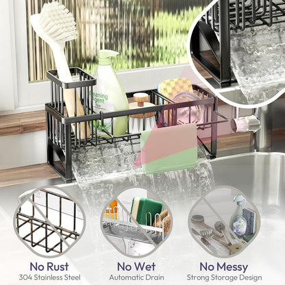SWTYMIKI Sponge Holder for Kitchen Sink - 2 Tier Rustproof Sink Caddy with Instant Drying Stone, Removable Dish Brush Holder, Stainless Steel Kitchen Caddy for Coutertop Storage Accessories